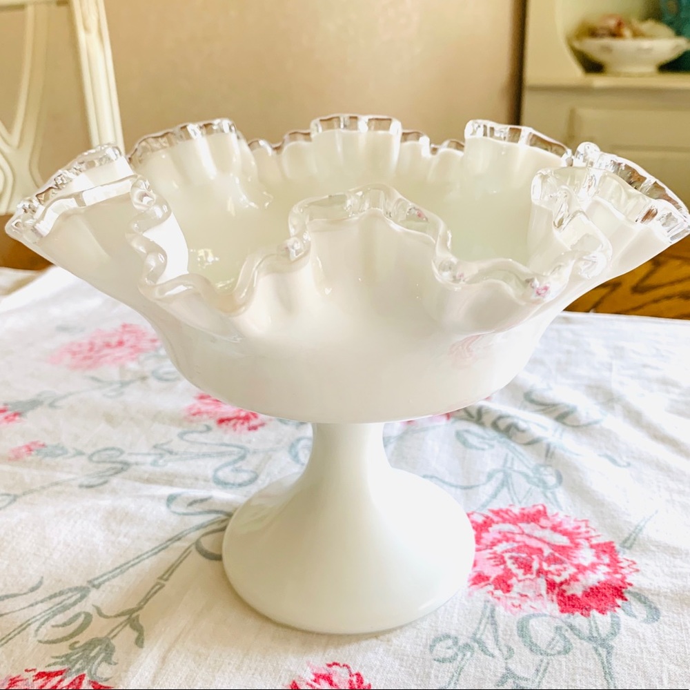 Fenton Vintage Milk Glass Silver Crest Pedestal
